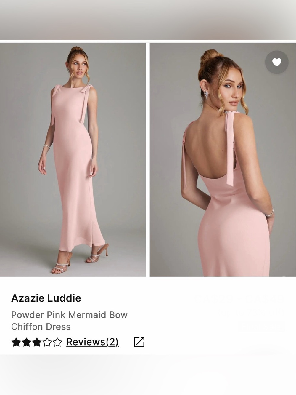 Azazie Powder Pink Backless Mermaid Gown with Shoulder Bows